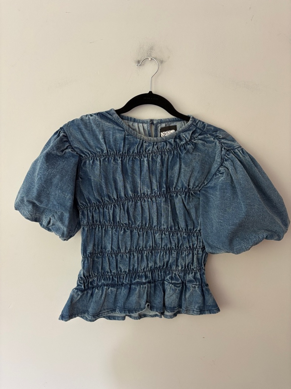 Reclaimed Vintage Blue Denim Puff-Sleeve Shirred Top - Picture 2 of 13